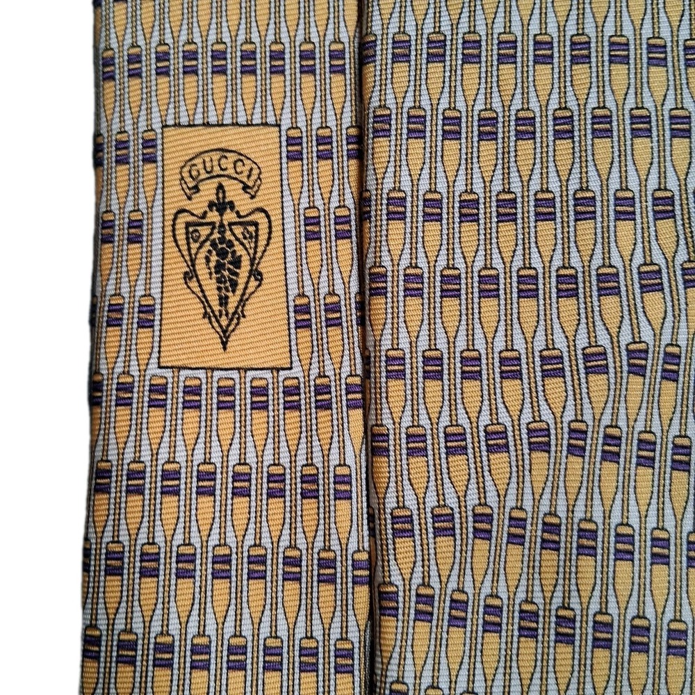 Vintage Gucci 58 X 4"" Brown Geometric Silk Made In Italy Neck Tie - Picture 5 of 11